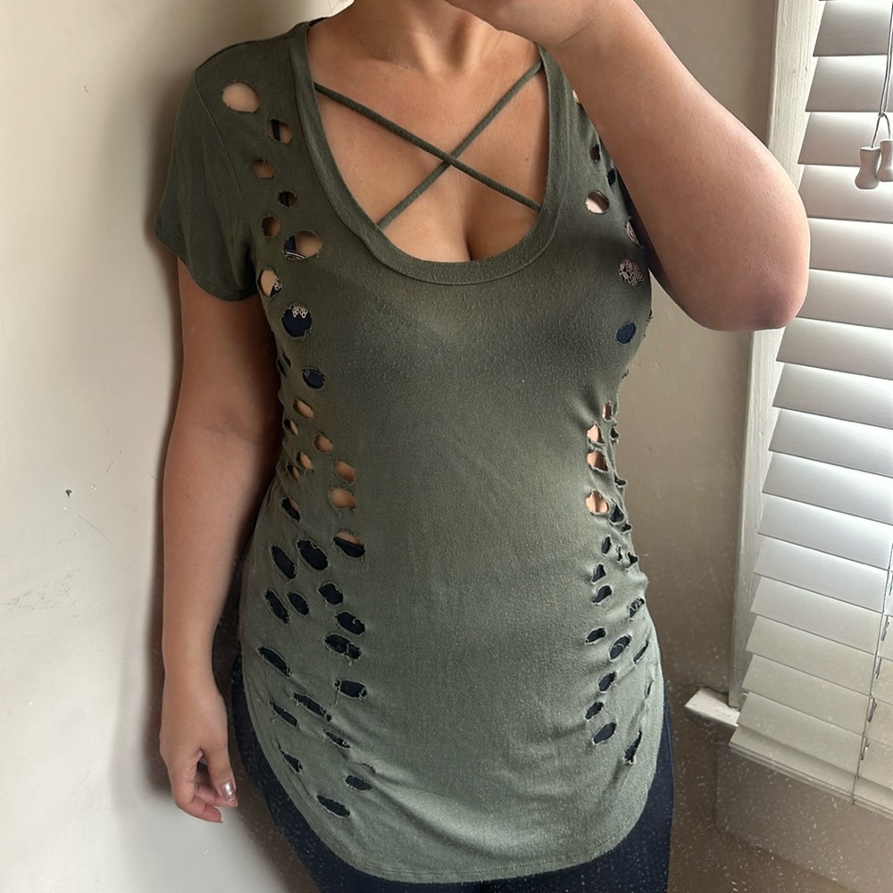 Occasion Dark Green Distressed Peek-A-Boo Short Sleeve T-Shirt Cut-Out Details